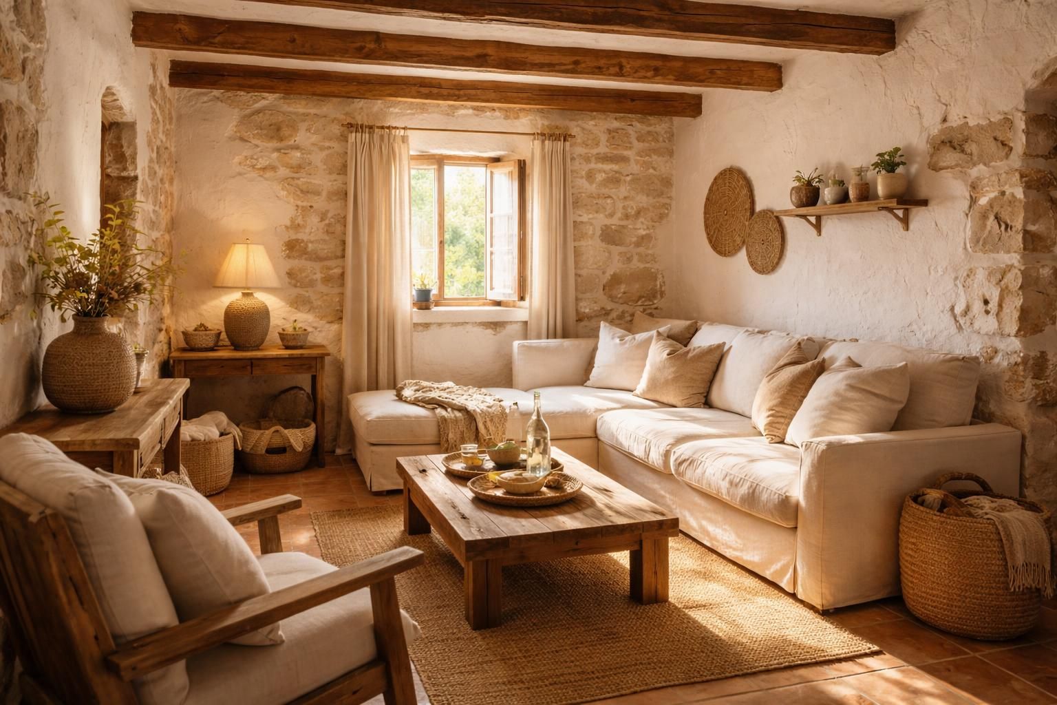 Homestay living room with stone walls and linen furnishings