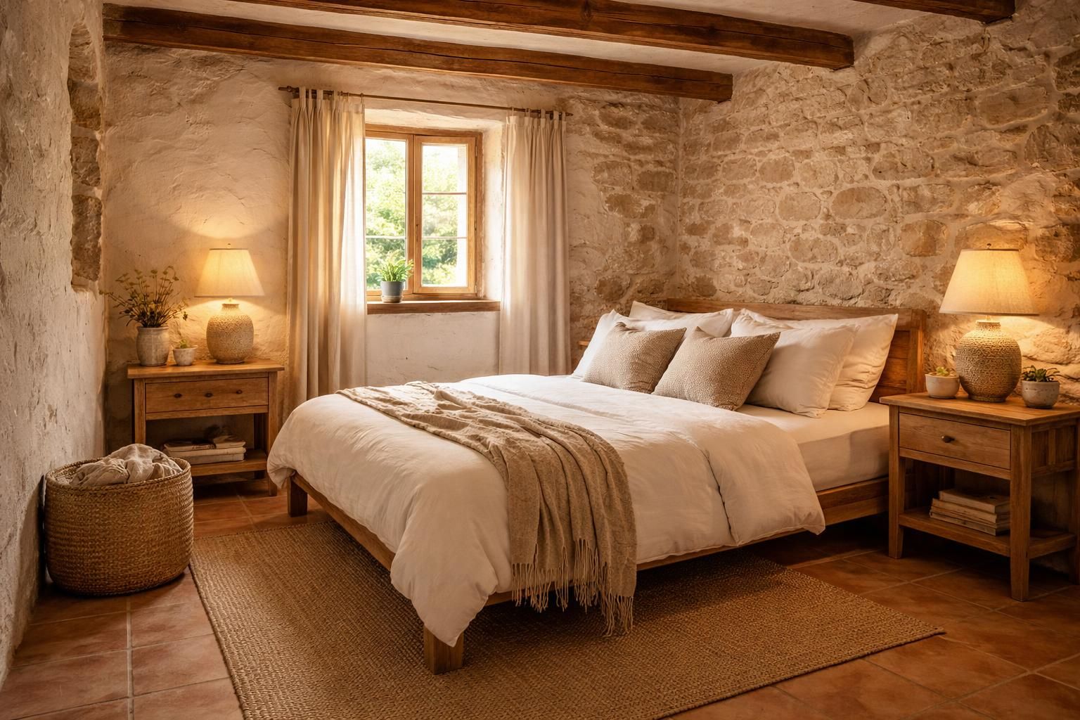 Homestay bedroom with exposed stone and white bedding