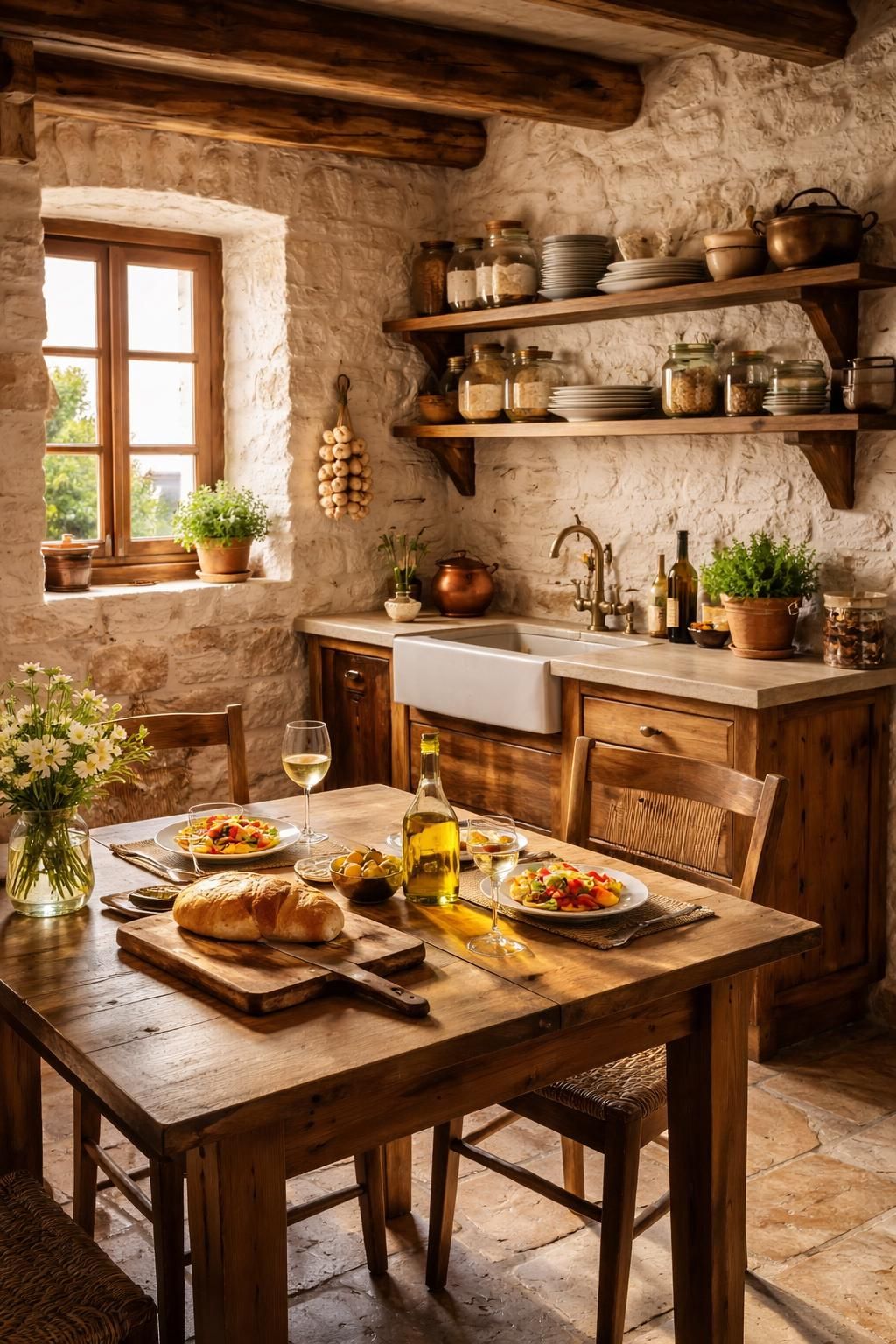 Rustic kitchen with wooden table set for two