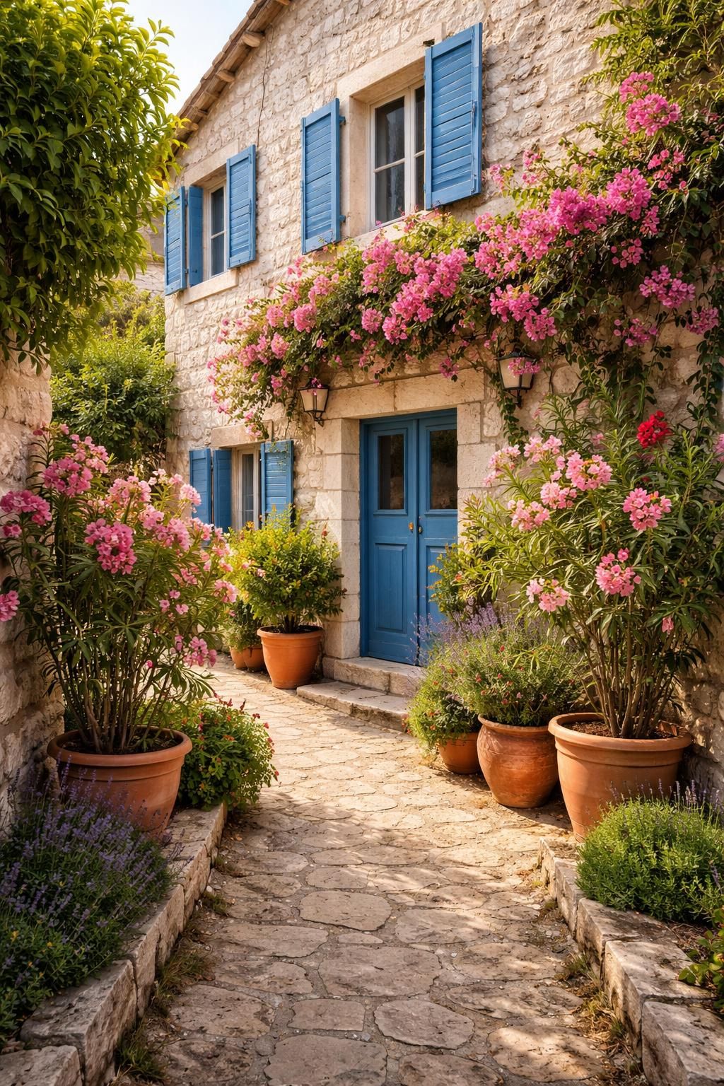 Stone house exterior with blue shutters and Mediterranean plants
